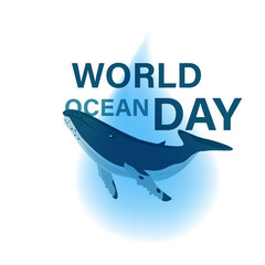 World Ocean Day template with a whale and a drop of water in a flat style.Ocean conservation promotion design for social media.  Vector illustration