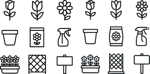 Garden icon collection for floral designs and plant care tools