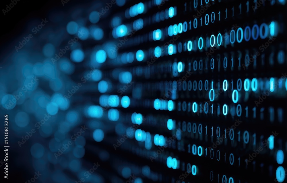 Fototapete Abstract digital background with glowing blue binary code, ideal for cybersecurity visuals, software development themes, tech interfaces, or artificial intelligence concepts