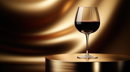 A single elegant glass of red wine, delicately placed on a luxurious golden podium. The background is an abstract blend of smooth, golden-brown satin textures.