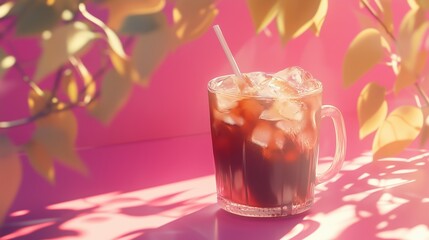 A glass mug filled with iced coffee or tea, topped generously with ice cubes. The drink sits on a vivid pink surface with a matching pink background, bathed in warm, dappled sunlight.