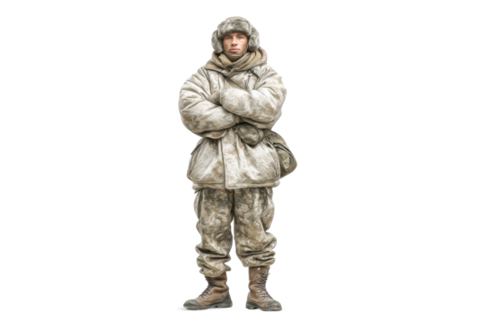 PNG Young caucasian male in winter military outfit standing confidently