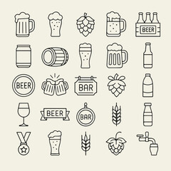 Black and white outline vector icons set featuring beer mugs, bottles, barley, hops, cans, pub signs, and brewery elements. Clean and minimal design for labels, prints, and branding.