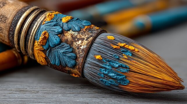 Close-up of a worn paintbrush with blue and yellow dried paint