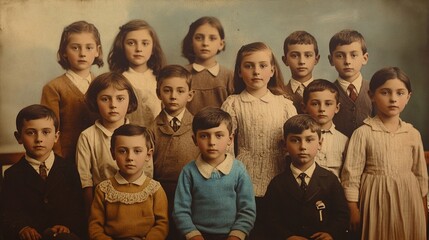A vintage class portrait featuring a group of children, dressed in early 20th-century attire, smiling and posing together in a formal setting, evoking nostalgia and history.