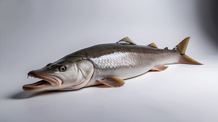 Obraz premium Fresh Sturgeon Lying Flat, Isolated on White – Elongated Body and Textured Skin, Perfect for Culinary Use – High-Quality Image of Whole Fish