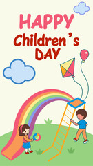 Fototapeta premium Illustration of Children's Day with a cheerful fantasy theme with two children playing on a colorful slide in a park, there are balls, kites, clouds, and trees