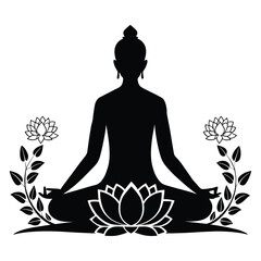 Yoga Silhouette Vector with Lotus Flowers