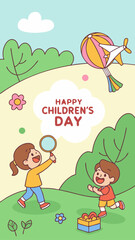 Fototapeta premium A cheerful fantasy-themed Children's Day illustration featuring two children playing ball in a flower-filled garden, with clouds, airplanes and trees in the background.