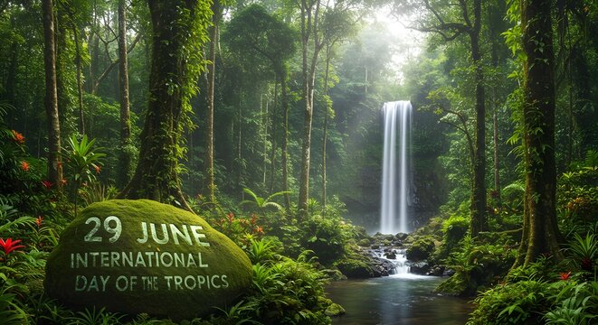 A tropical forest scene with waterfall and a stone marking international day of tropics