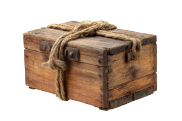 PNG Rustic wooden box with rope tied around it on white background