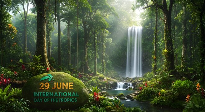 A lush tropical forest scene with a waterfall and a stone marking june th tropics