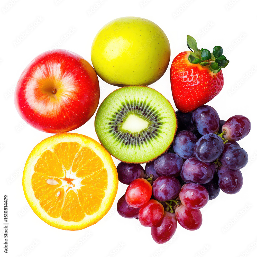 Poster assorted fresh fruits including grapes and apples displayed on transparent background