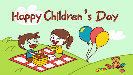 Fototapeta premium Cheerful fantasy themed Children's Day illustration with two children having a picnic, sitting on a mat in a park while enjoying food in colorful costumes, clouds, balloons and trees in the background