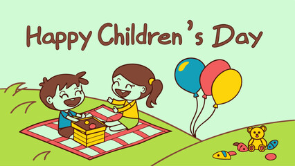 Obraz premium Cheerful fantasy themed Children's Day illustration with two children having a picnic, sitting on a mat in a park while enjoying food in colorful costumes, clouds, balloons and trees in the background