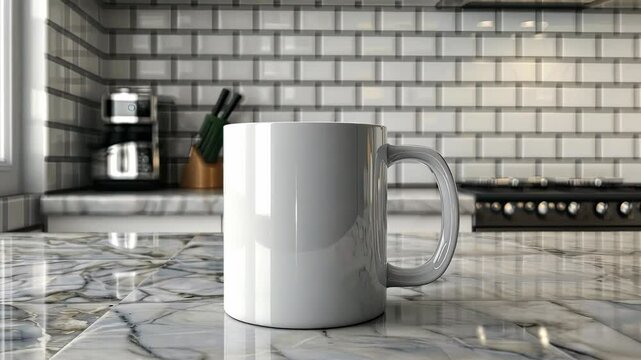 An empty white coffee mug sits on a glossy marble countertop in a stylish kitchen with stainless steel appliances and tile backsplash