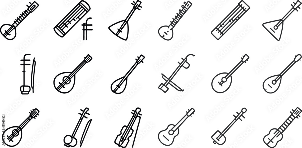 Poster collection of traditional string instruments icon set for music projects
