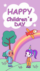 Fototapeta premium a cheerful fantasy-themed Children's Day illustration with two smiling children in colorful costumes, clouds, a rainbow arching in the sky, cute stars, trees and a flying plane