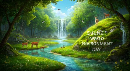 Lush forest scene with deer, waterfall, river, and world environment day message