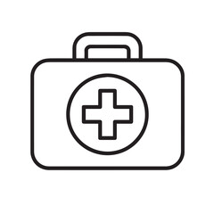 Minimalist Black and White Line Art Icon of Medical Bag and First Aid Kit with Cross Symbol
