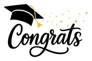 "Congratulations!" greeting sign. Congrats Graduated. Handwritten modern brush lettering with golden stars and academic cap. Text for card, T-shirt print, banner, poster. Isolated vector