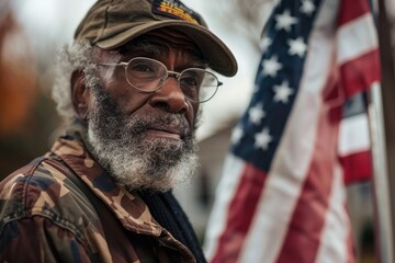 A veteran proudly standing next to an American flag