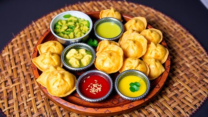 Delicious indian samosa platter with various chutneys and sauces for a tasty appetizer snack treat