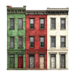 Fototapeta premium Three colorful townhouses isolated on transparent background