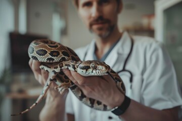 Veterinarian with snake in clinic , pet care