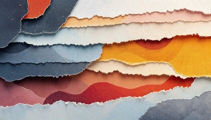 Abstract layers of torn paper creating a colorful composition with intricate patterns and textures across multiple segments