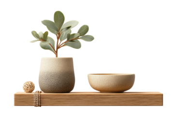 PNG Minimalist ceramic plant arrangement on wooden shelf with decorative ball
