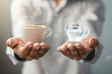 a man choosing between a cup of coffee on one hand and a glass of water on the other