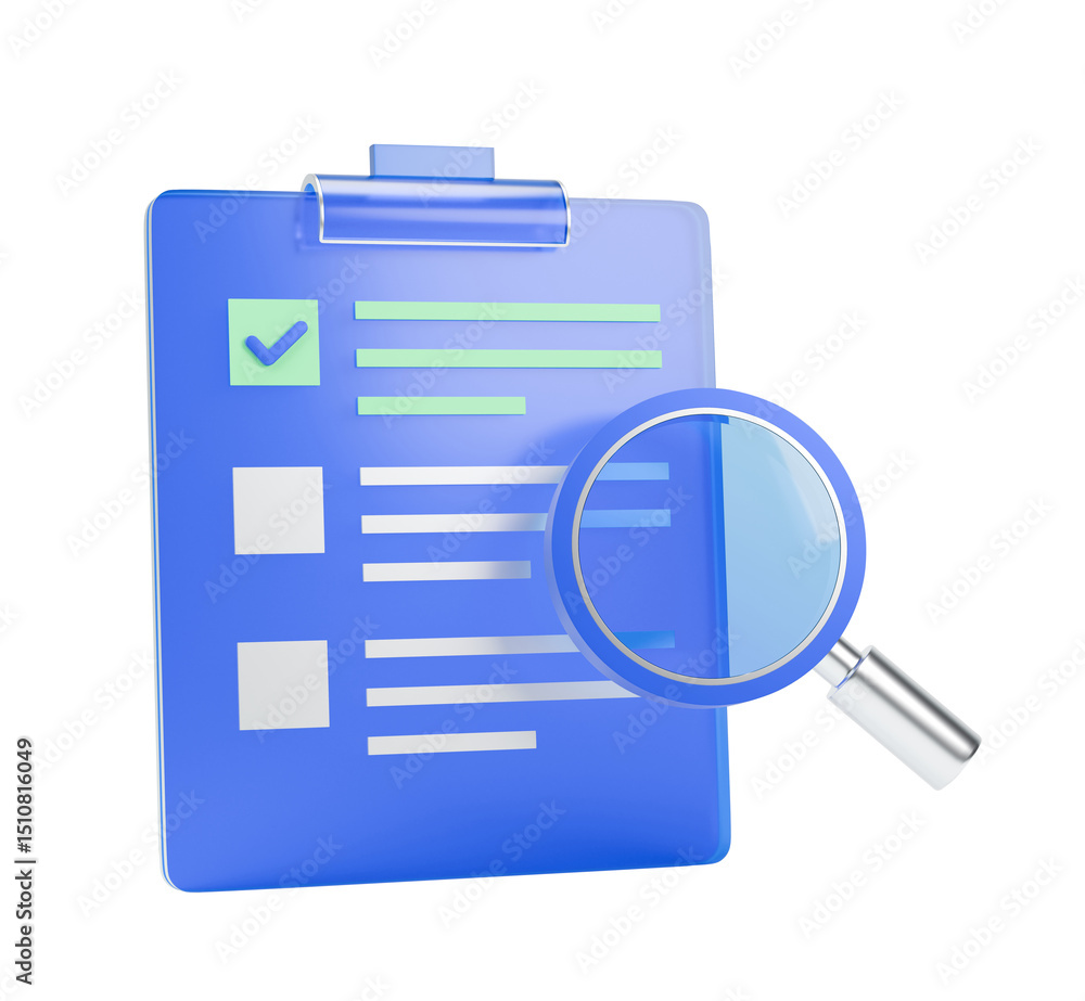 Poster a 3d data checking tool with a blue translucent magnifying glass.