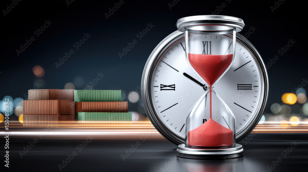 Poster time concept with hourglass and clock showing tariff impact on shipping and delivery efficiency in m
