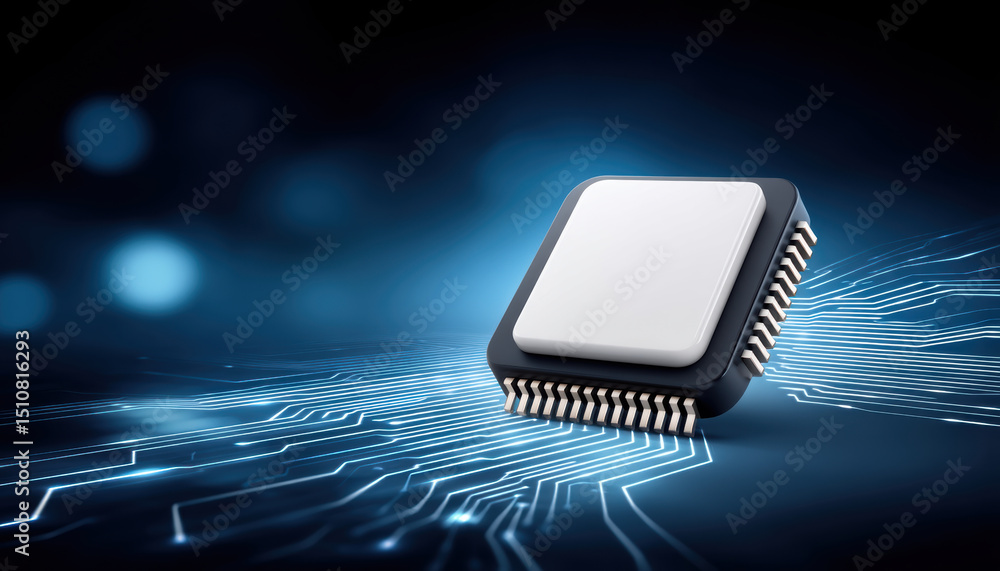Poster microchip tariff concept with electronic circuit board and blue light background showing technology 
