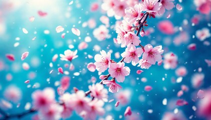 Cherry blossom petals gracefully falling from branches during springtime in a serene garden setting