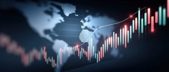 Fototapeta premium Financial chart with tariff impact showing rising trend and global map background illustrating economic growth and market analysis