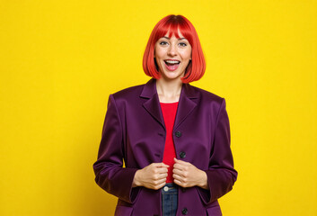 Surprised Red-Haired Woman with a Wide Smile on a Bright Yellow Background, Expressive Emotions, Portrait, Modern Style.