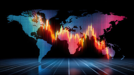 Digital world map with colorful financial chart and tariff impact concept showing global economic fluctuations and trade effects