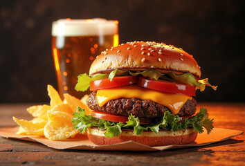 Delicious hamburger with beer and chips on a wooden table with a dark brown background behind. Fast food concept.