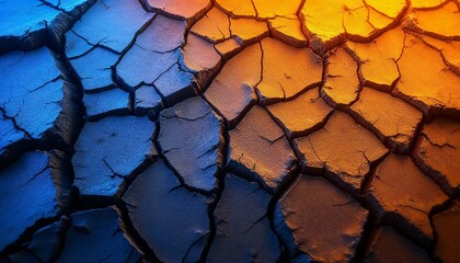 Cracked earth texture under warm and cool lighting showcasing drought effects in a drying landscape