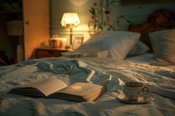 A relaxing bedroom setting with a cozy bed, warm lighting and objects that symbolize a good sleep pattern, a book, tea, sleep patterns