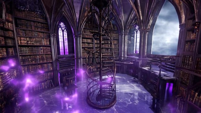 Enchanted library with spiral staircase, mystical lighting, and floating magic in a gothic setting