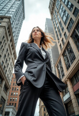 Portrait of an elegant confident businesswoman against the backdrop of skyscrapers