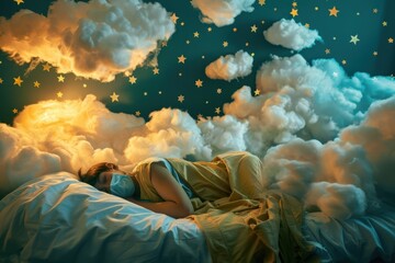 a person sleeping and dreaming, a peaceful environment symbolizing a good night's sleep