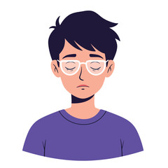Sad Young Man with Glasses and Closed Eyes Expressing Feelings of Depression and Loneliness in a Flat Vector Style