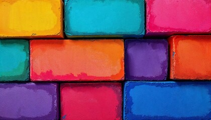Colorful crayon blocks create a vibrant pattern with hand drawn elements in assorted colors and shapes