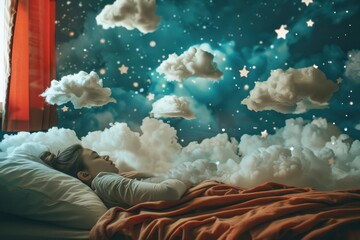 a person sleeping and dreaming, a peaceful environment symbolizing a good night's sleep