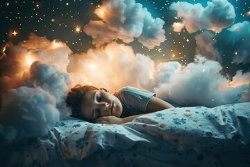 a person sleeping and dreaming, a peaceful environment symbolizing a good night's sleep