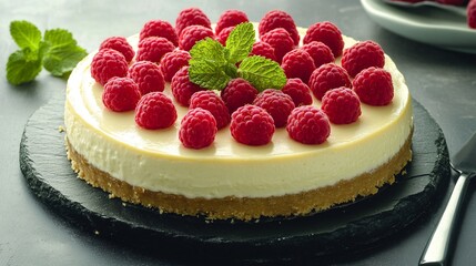 Delicious cheesecake topped with fresh raspberries and mint leaves, served on a black slate board. Perfect for dessert lovers or baking enthusiasts seeking inspiration.